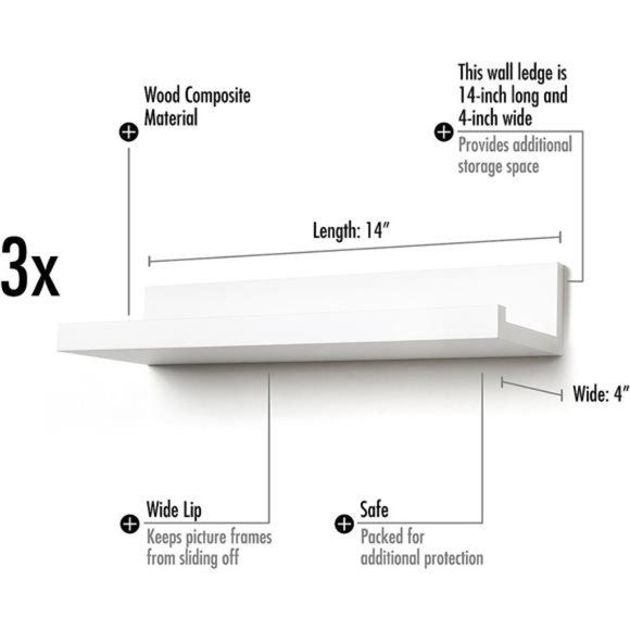 14" White Floating Shelves for Wall - Wood Shelves for Wall Storage, Set of 3 - Picture 2 of 5